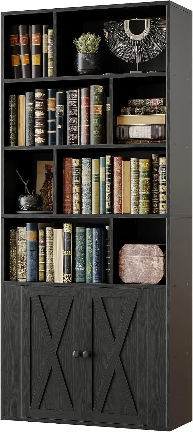 IRONCK Book Shelf, Tall Bookshelf with Storage, Bookshelves and Bookcases with Doors, 4-Tier Bookcase with 8 Open Cubes for Livi