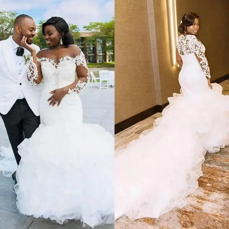 Robes sirène africaines personnalisées à manches longues, à volants, perles en Organza, dentelle transparente, grand Train, robe de mariée, 2025