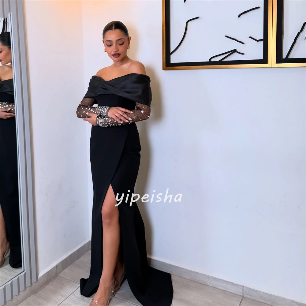 تخصيص الطراز الحديث أنيقة جيرسي حجر الراين Ruched حورية البحر خارج على الكتف فساتين طويلة مخصصة فساتين المناسبات الموضة