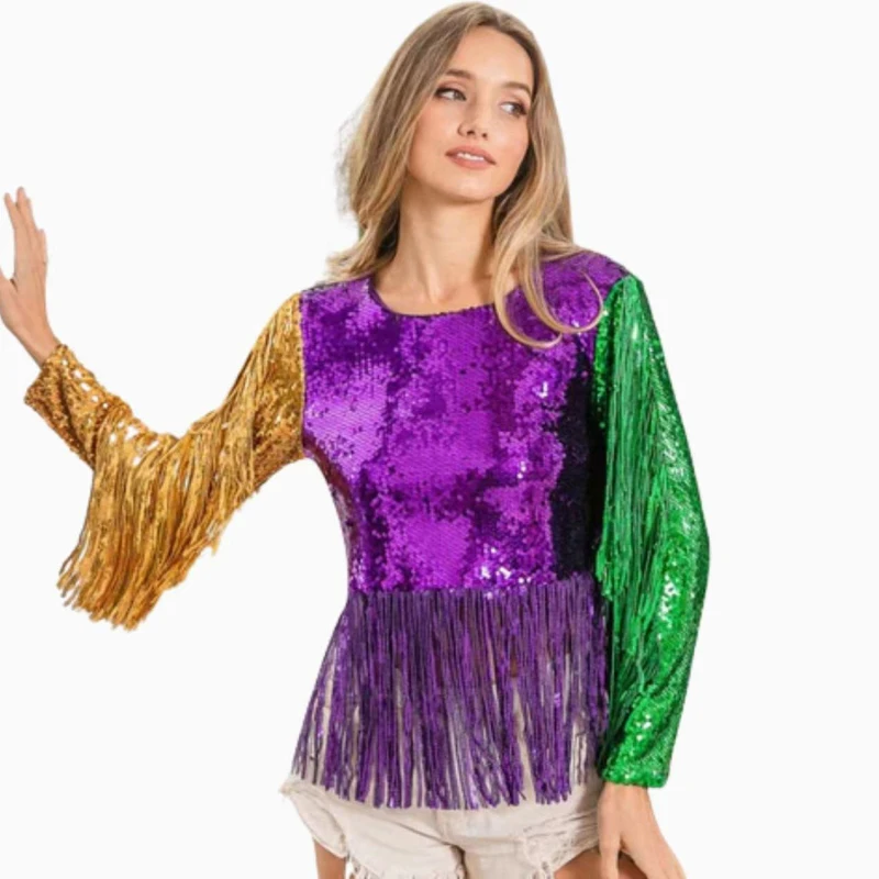 

Fashionable Tassel Decorative Women Clothes New Ladies 2026 Spring And Summer Color Matching Long Sleeve Sequined T-shirts