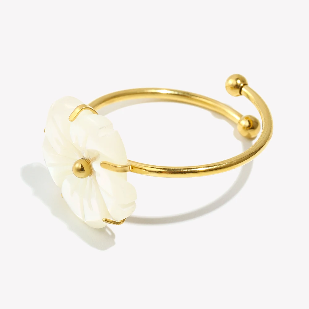 E.B.belle PVD مطلي أنيق الأبيض شل زهرة قابل للتعديل خواتم الفولاذ المقاوم للصدأ النساء حفلة عطلة بيان مجوهرات