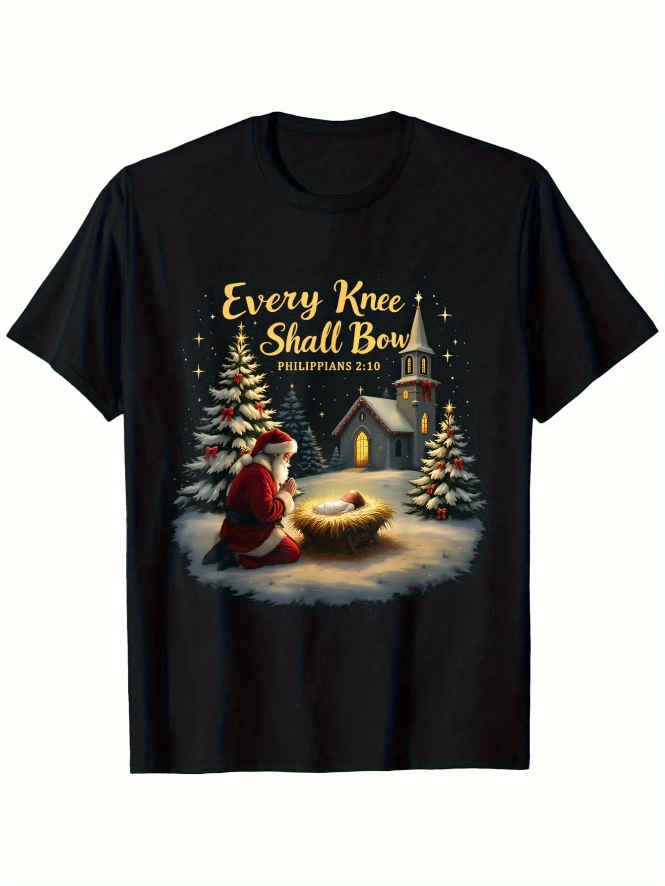 

Men's Every Knee Shall Bow Tee, Black Santa Church Design, S-XXL Christmas Family Tee