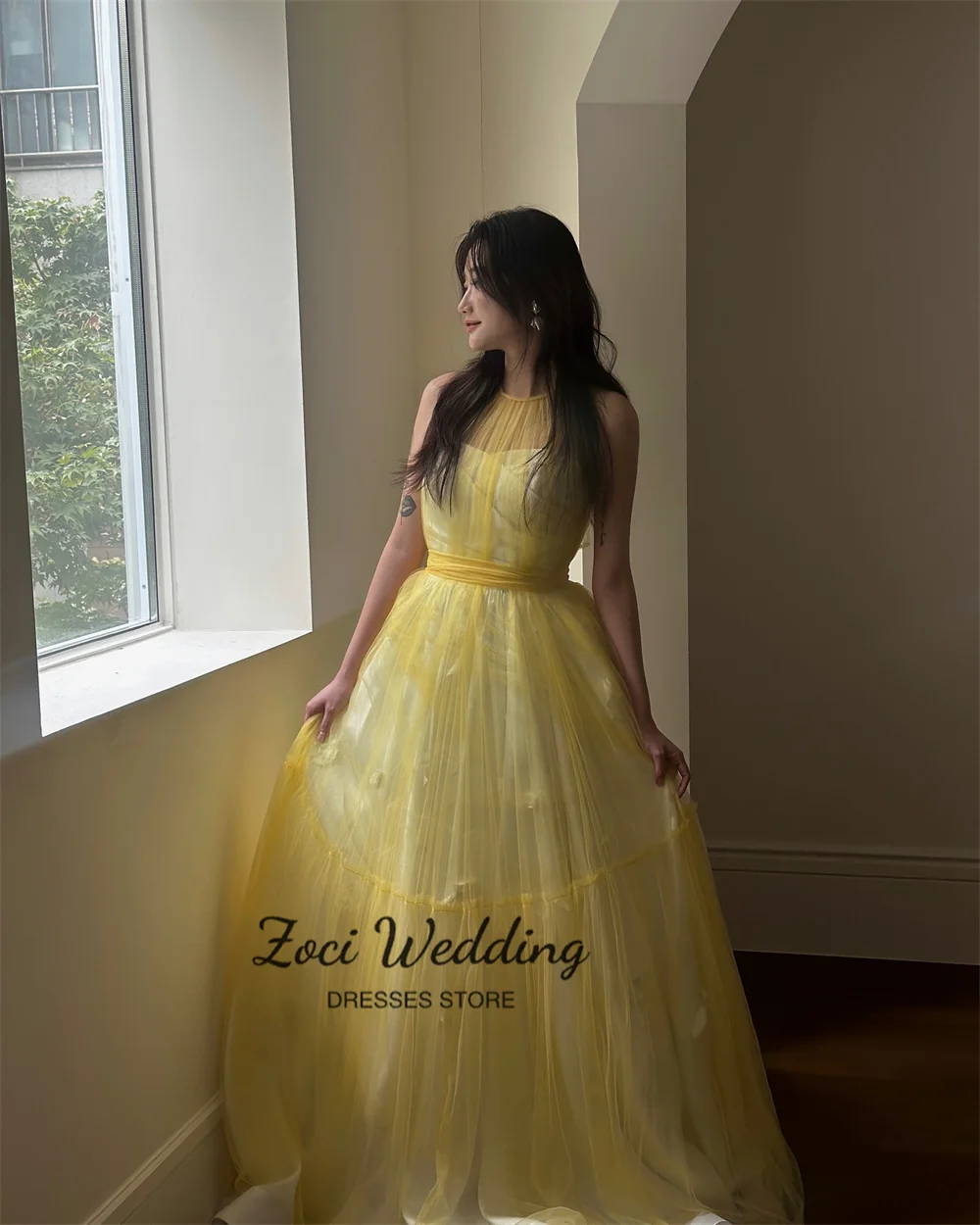 Zoci Elegant O Neck Yellow Korea Wedding Dresses Sleeveless Soft Tulle Ruffles Bridal Gown A-line Sweep Train Evening Dress