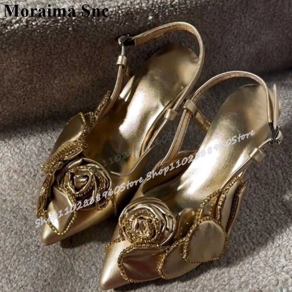 

Gold Metallic Slingback Flower Pointy Sandals Thin High Heel Women Shoes Back Strap Pointed Toe Elegant Luxury Banquet Sandals