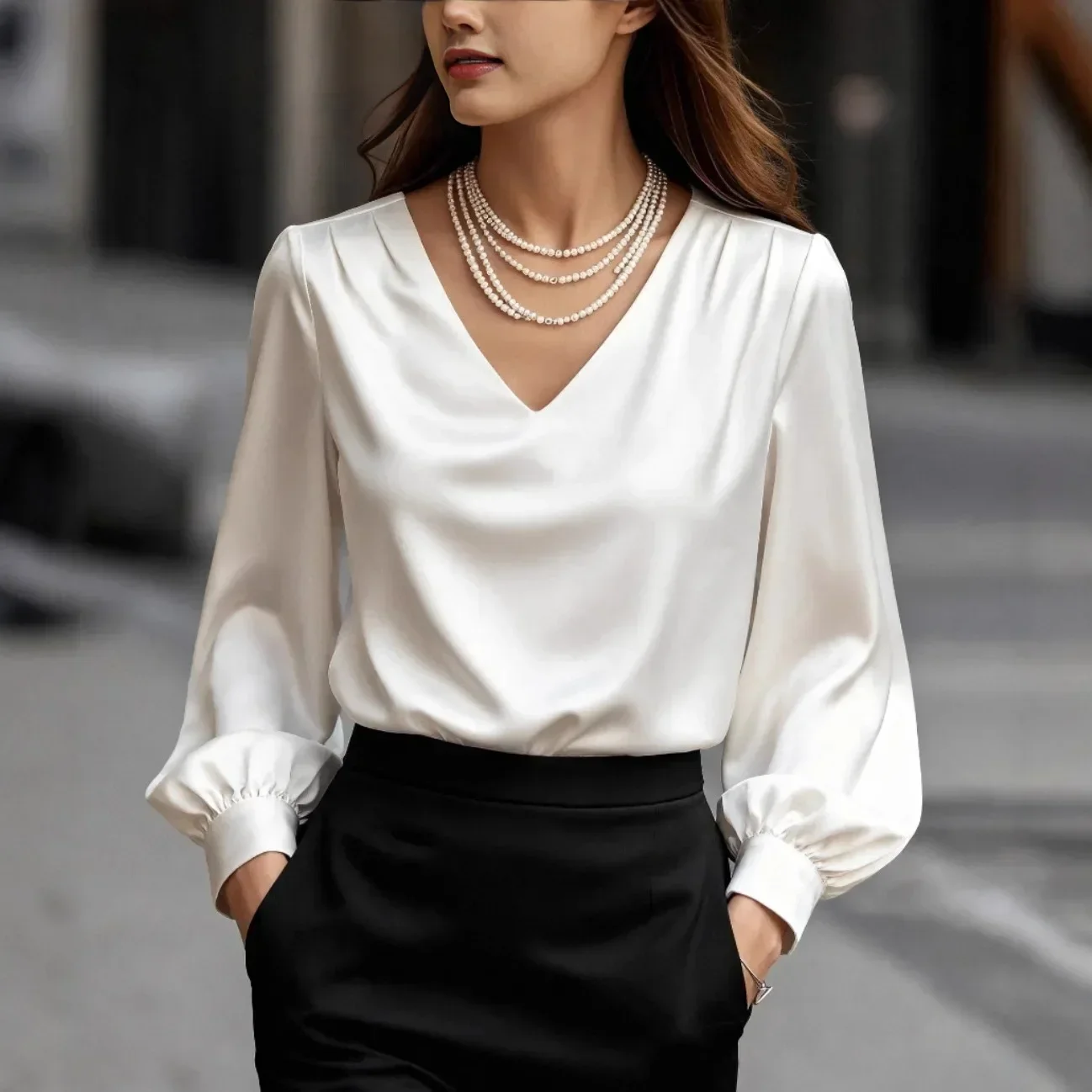 Women V Neck Satin Blouse Lantern Long Sleeve Pleated Front Elegant Shirt for Office Business Party