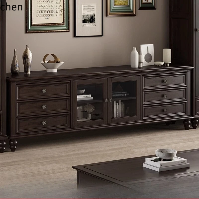 

HTT coffee table TV cabinet combination retro high living room pure solid wood small apartment floor cabinet