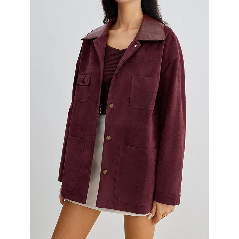 

American Vintage Mid-Length Jacket for Women Y2K Muti-Pocket Single Breasted Outerwear Leather Patchwork Burgundy Coats Woman