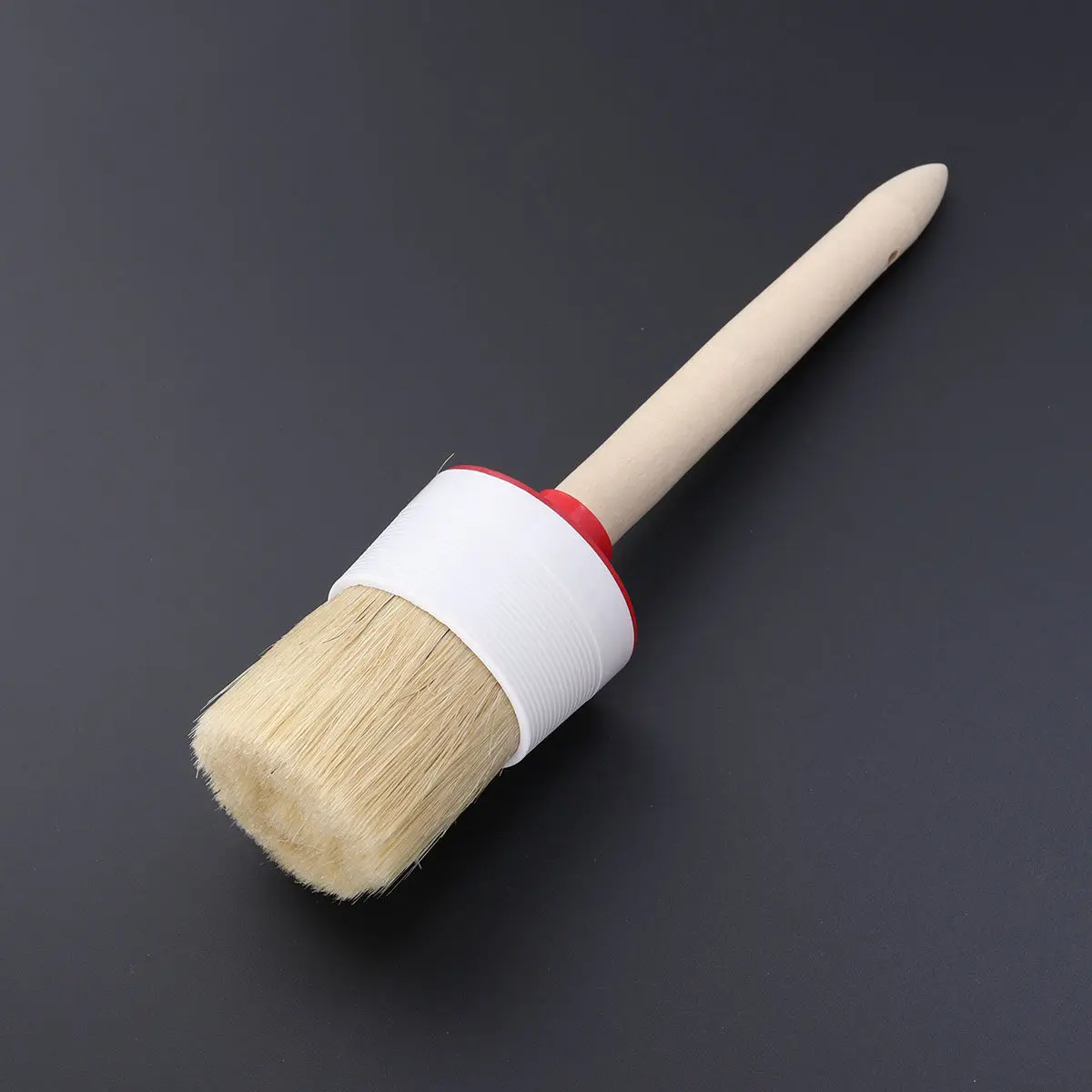Wood Handle Boar Hair Bristle Brush Round Head for Wheels Cleaning 60Mm Non Skid Grip Hang Hole Thorough Decontamination Detail