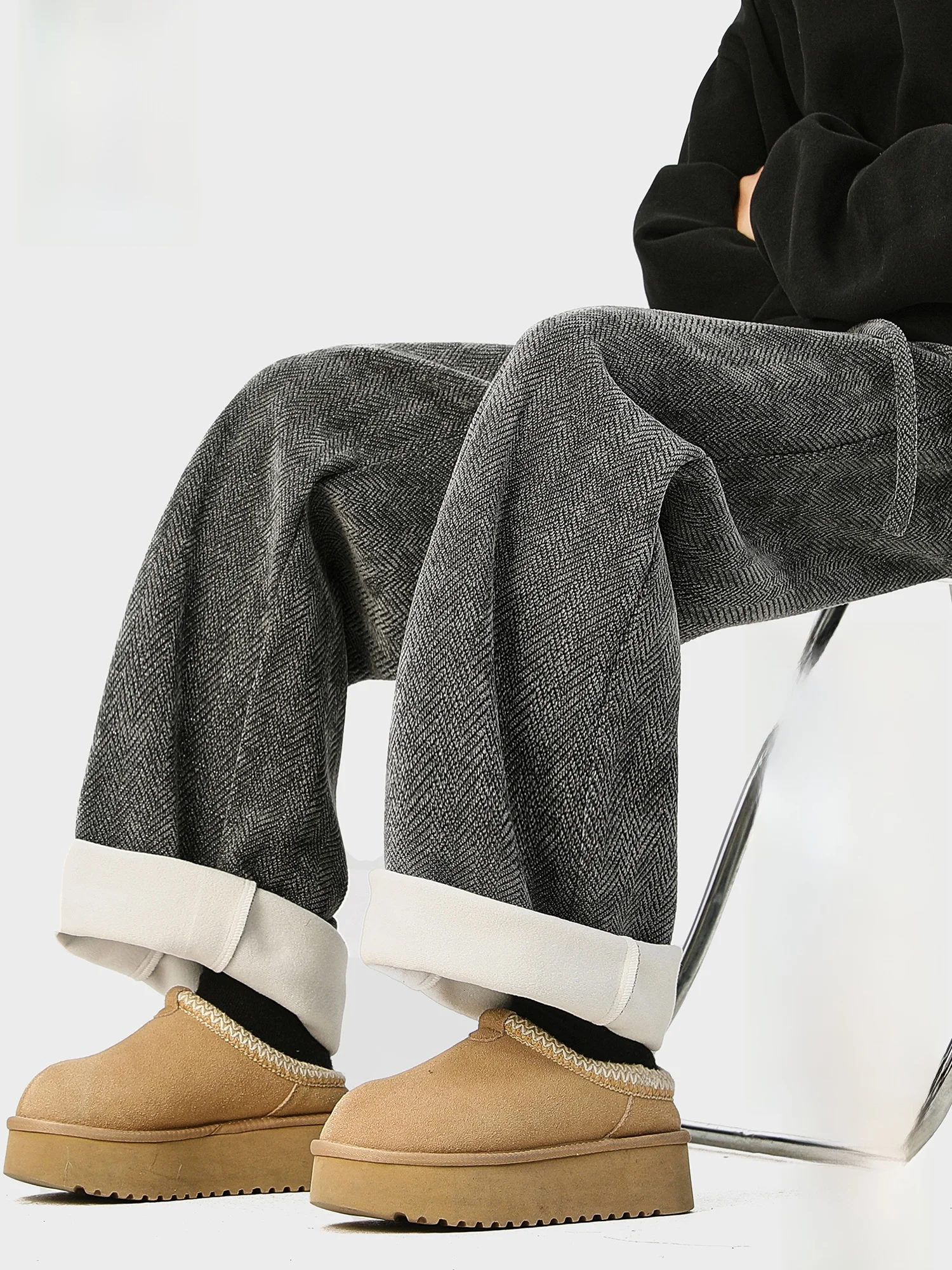 

Мужские повседневные брюки свободного кроя на флисовой подкладке, зимние теплые текстурированные брюки с широкими штанинами, удобные повседневные брюки