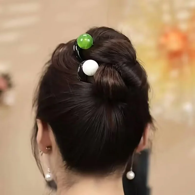 Green Simple Beaded Three-Tooth Back of Hair Styling Elegant Hairpin