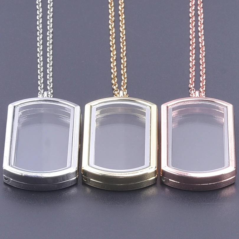 

10Pcs/Lot Simple Rectangle Dog Tag Glass Screw Locket Pendant Necklaces For Jewelry Making Cool Men Relicario Colgantes Collier