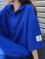 plus Size Midi Shirt Dress Blue Short Sleeve Belly Covering Slimming Women's Summer Fashion Korean Style A-Line Skirt Dress