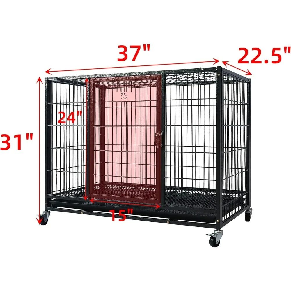 37 inch Heavy Duty Dog Crate, Extra Strong Dog Cage for Medium Dog, Indoor High Anxiety Double Door Dog Crate on Wheels