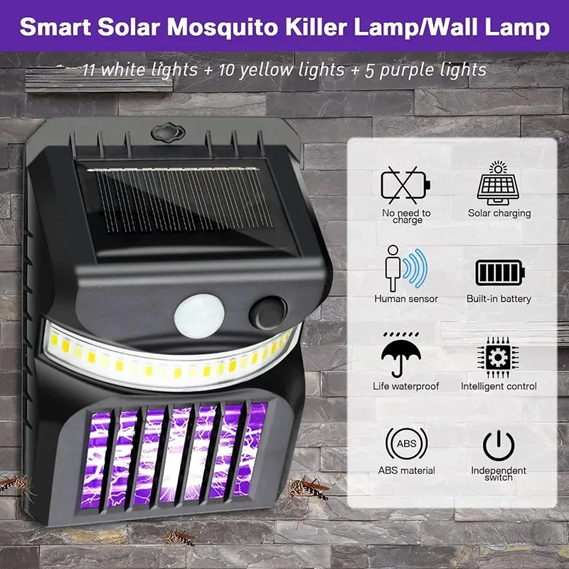 Solar Wall Lamp with Mosquito Killing Outdoor Ultraviolet Electric Shock Mosquito Garden Killing Lamp 2 IN 1 LED Trap Zapper