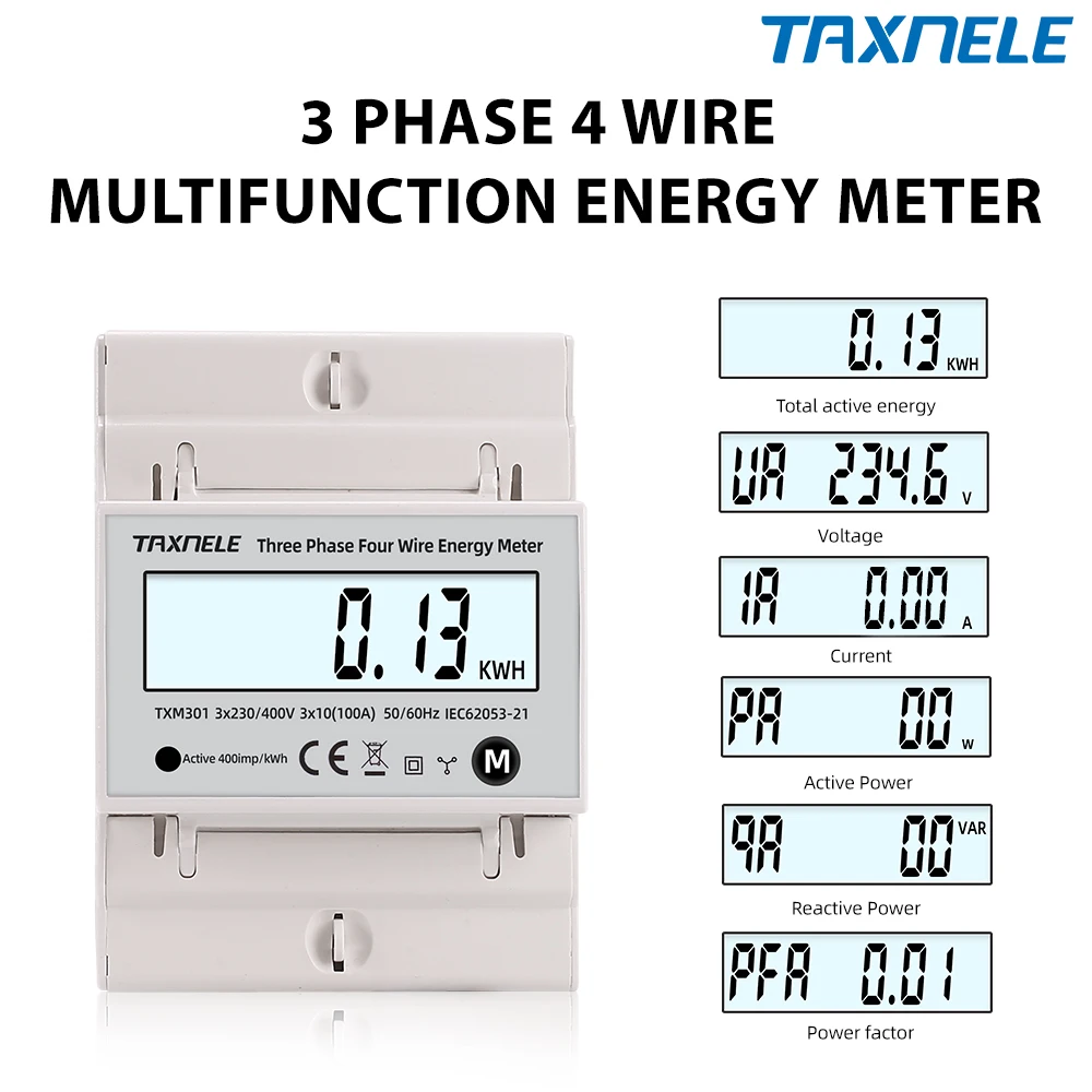 Multifunction 380V 3 Phase 4 Wire Wattmeter Power Bidirectional Energy Meter KWH Voltage Current 100A AC 50Hz 60Hz Solar PV