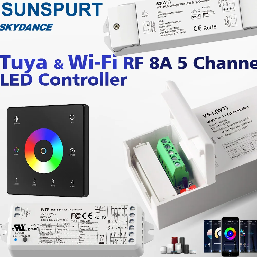 

10 WT5 UL DC12-24VTuya WIFI 5 in 1 Smart Led Controller RGBCCT/RGBW/RGB/CCT/Dimmer LED Light Strip Controller 2.4G RF Controller