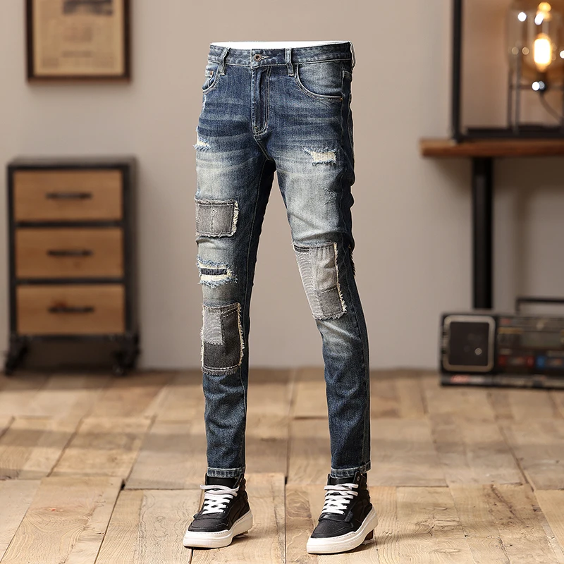 Street Fashion Men Jeans Retro Washed Blue Stretch Skinny Fit Ripped Jeans Men Patched Designer Hip Hop Denim Pencil Pants Homme