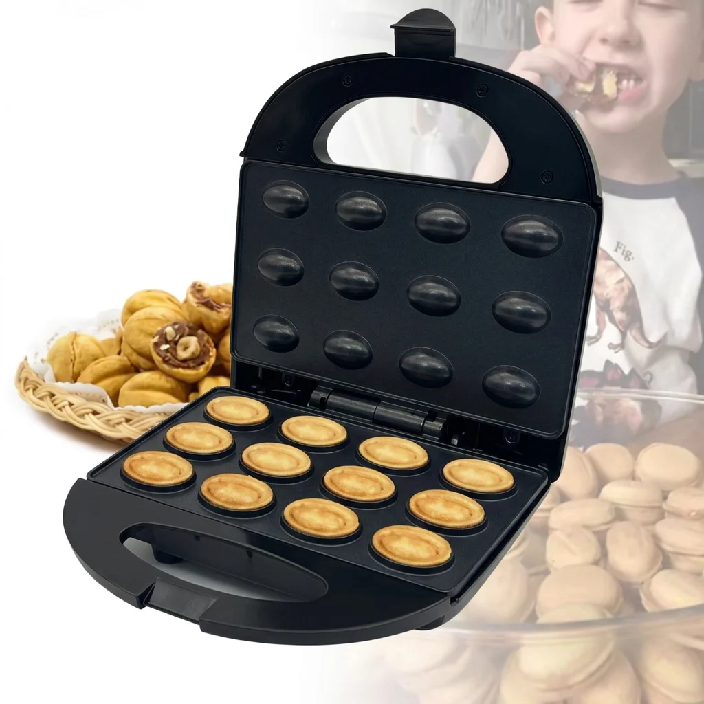 750W Electric 12-Hole Walnut Cake Waffle Maker with Nuts Non-Stick Surface Kitchen Biscuit Maker for Baking Business