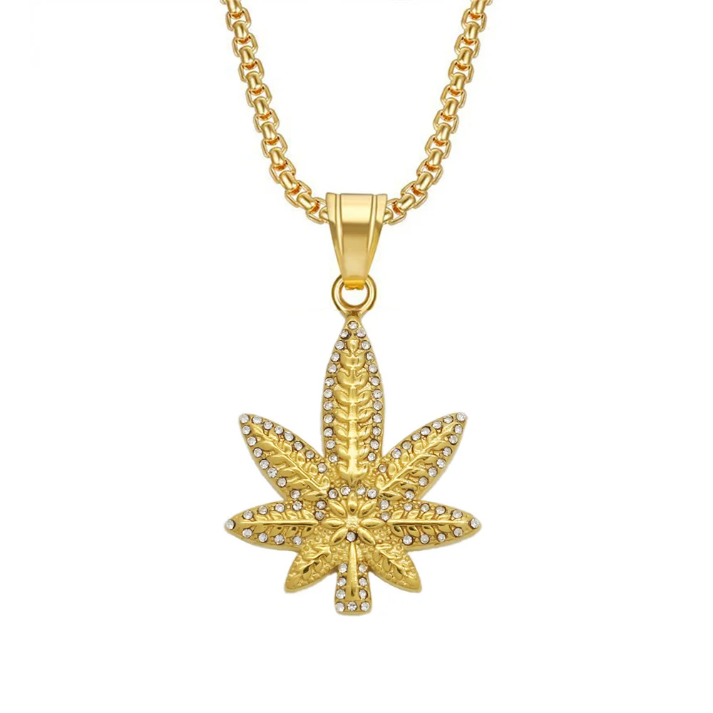 Hiphop Iced Out Hemp Leaf Pendant Wholesale Gold Color Stainless Steel Jamaica Necklace for Women/Men Fashion Party Jewelry Gift