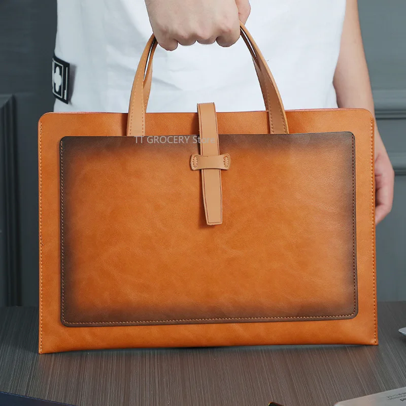PU Large Capacity Double Layer Leather File Bag A4 Document Storage Bag Business Briefcase for School Office Meeting