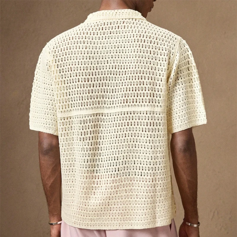 Stylish Florals Crochet Mens Knit Shirt 2025 Summer Outdoor Casual Hollow Out Embroidery Shirts Vintage Men Knitted Cardigan Top