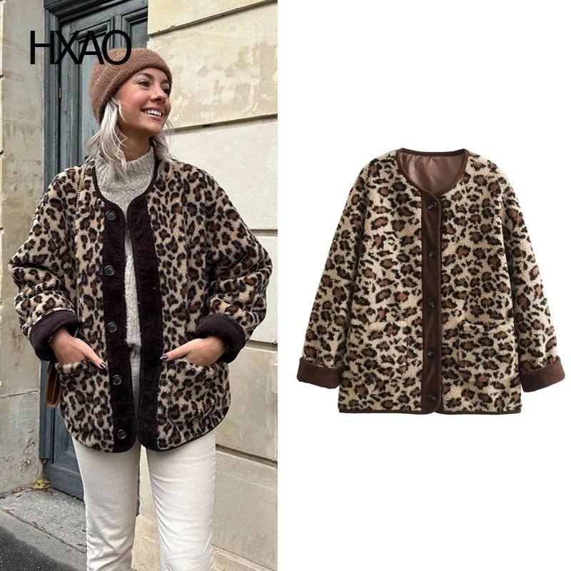 

XAO Winter Coat for Women Leopard Fleece Jackets Fashion Cashmere Duffle Coats Female Casual Wool Blend Coats Warm Outerwear