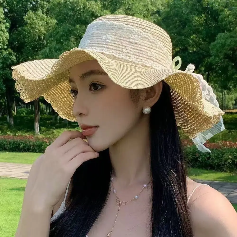 

Fashion Lightweight Straw Hat Flower Decoration Lace Bow Wide Brim Hat Flat Top Breathable Sun Hat Outdoor