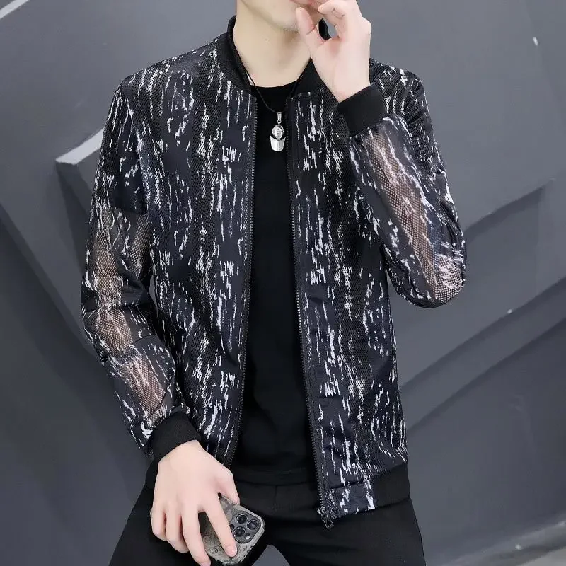 

Spring Summer New Thin Style Sunscreen Clothing Man Fashion Printing Long Sleeve Cardigan Men Round Neck Zipper Hollow Out Coat