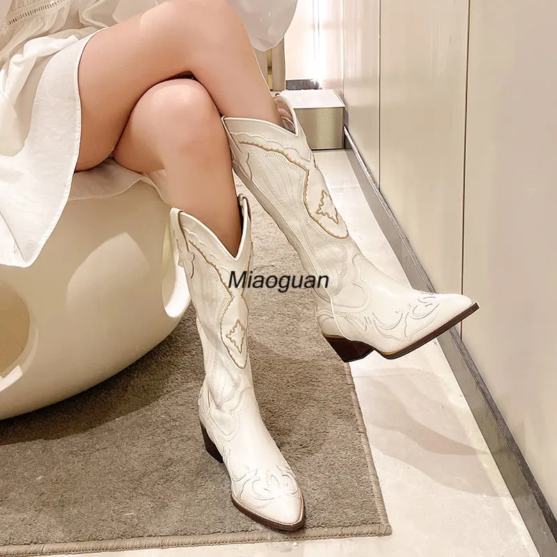 Women's Boots Retro Autumn Winter White Knee High Boots Big Size 40 Fashion Comfy Walking Female Western Cowboy Boot Woman Shoes