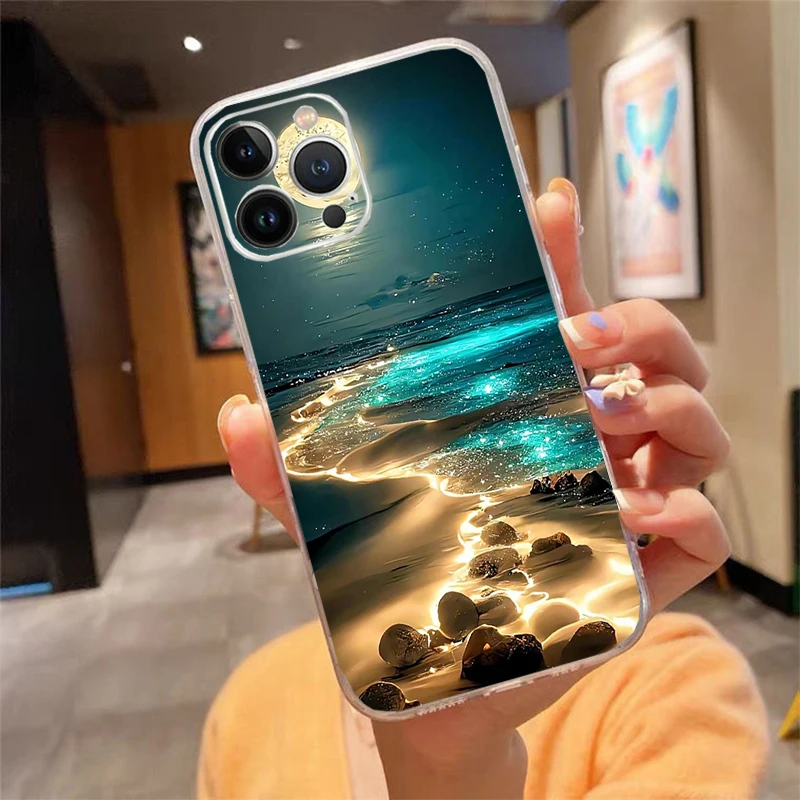 

Phone Case Carcasa Funda For iPhone 17 Pro Max Air 16 15 14 13 Pro Max 15 16 Pro 15Plus Moonlight Beach Case