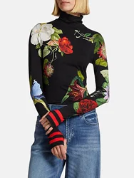 Women's Spring Autumn Blouses Retro Floral Print Long Sleeve High Neck Pullover Tops Casual Pullover Basic Shirts