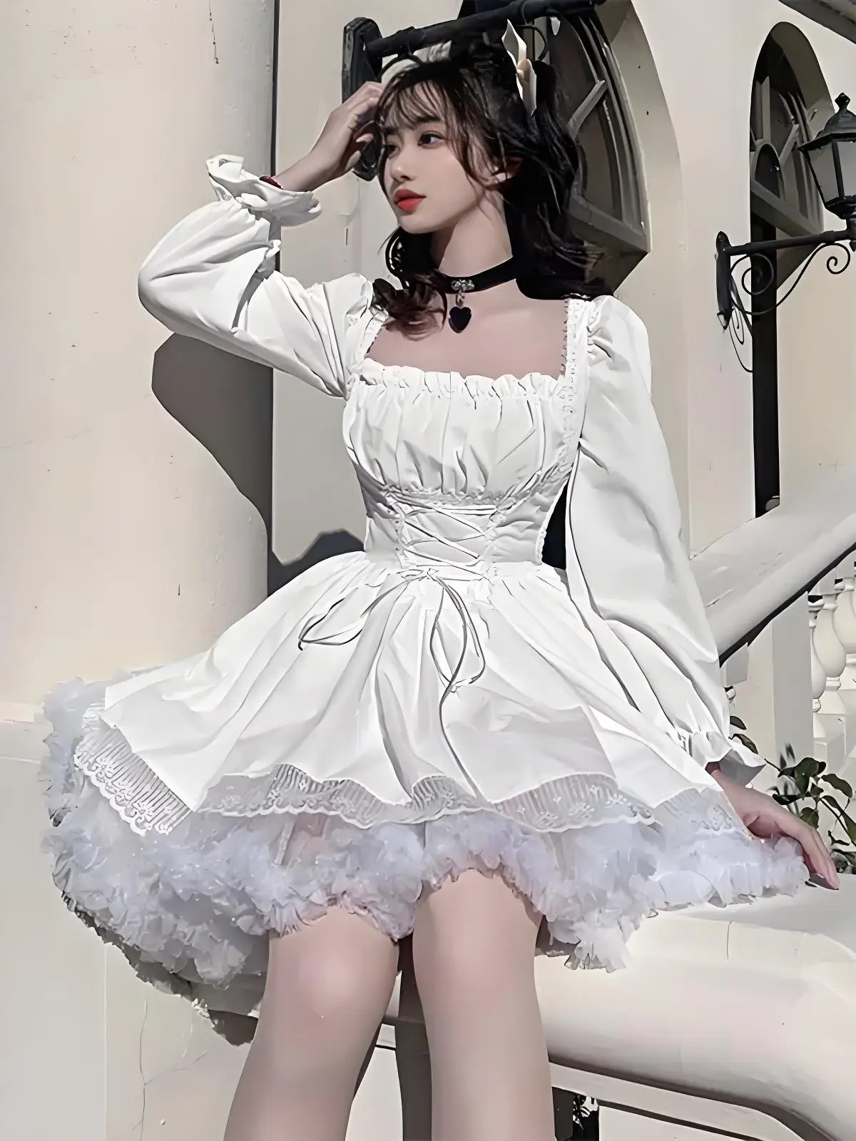 

Black Gothic Lolita Dress with Bow, Puffed Sleeves and Boned Waist