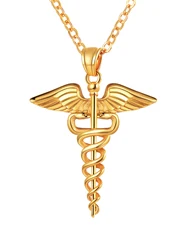 U7 Caduceus Necklace Medical Symbol Nurse Doctor Stainless Steel Double Snake Wings Mythology Symbol Necklaces for Women Men