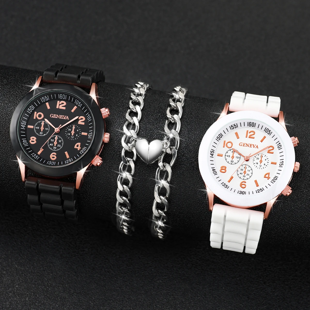 Silicone Strap Quartz Watch, Pulseira Coração Magnético para Casal, Fashion Set, 4Pcs