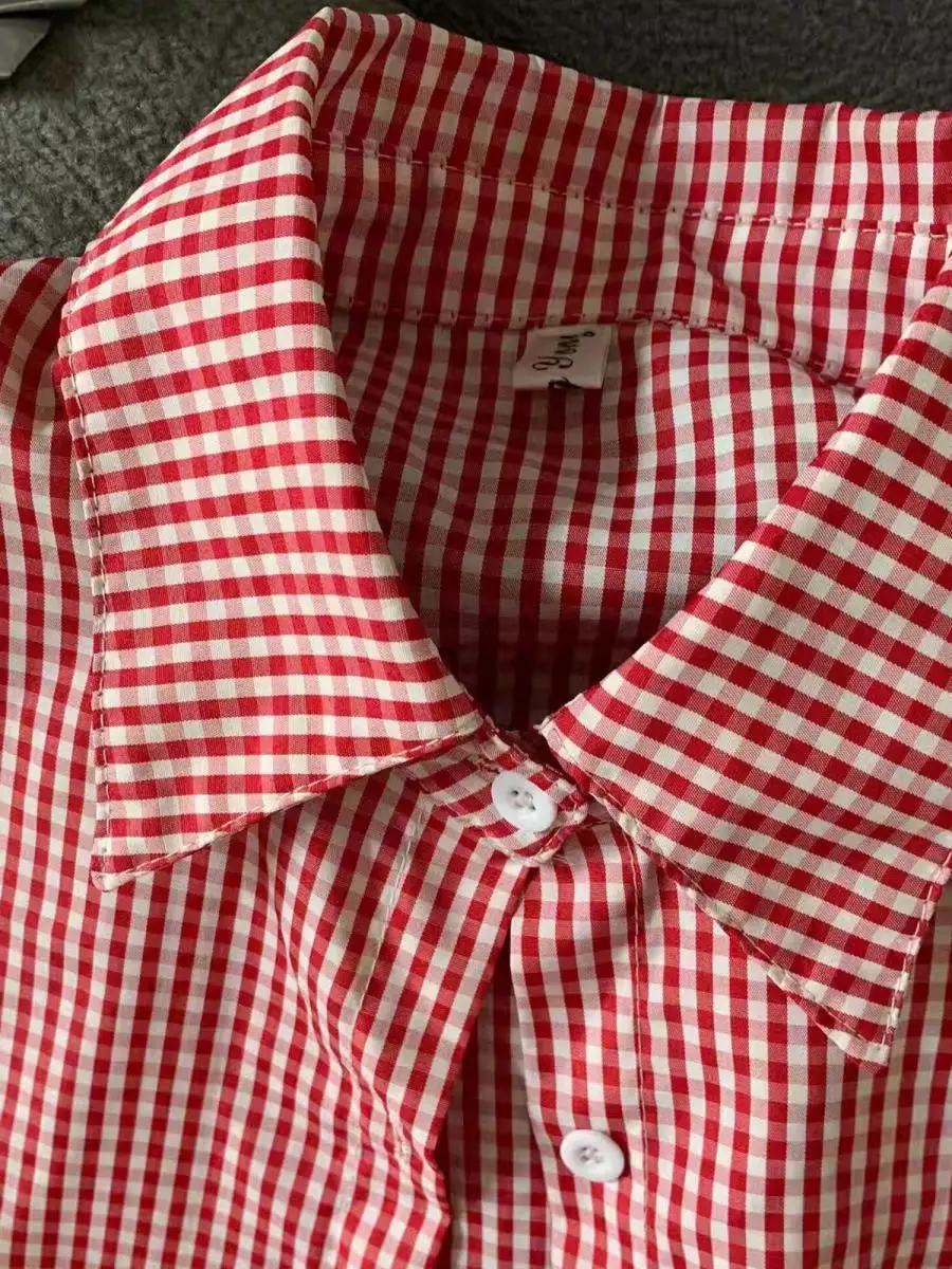 

White Enhancing Plaid Women's irt Long Sve Collar School Sle Layering Faionable Red Design Casual Commute Wind