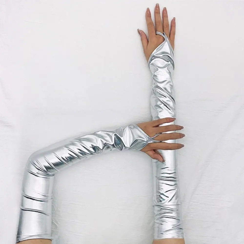 Manoplas sexis finas y largas de Color sólido para espectáculo en club nocturno, guantes de cuero Pu para Cosplay, mitones sin dedos, guantes de cuero con manga para brazo