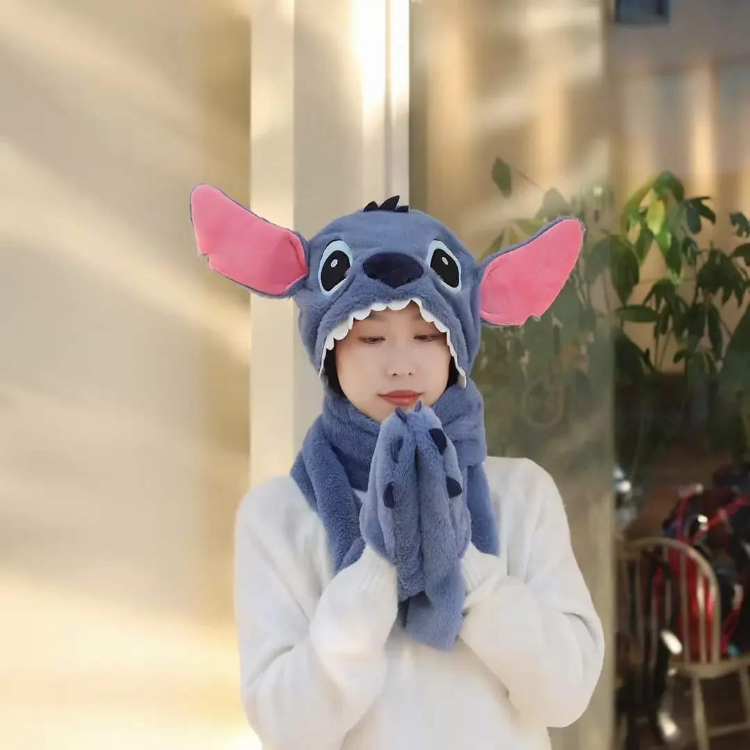 Disney Stitch Scarf Hat Gloves Three-in-one Winter Warm Comfortable Girly Cute Cartoon Scarf Gloves Three-piece Set Kawaii Gift