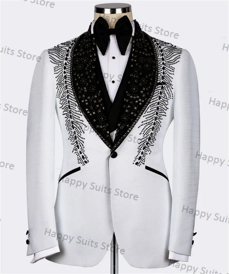 

Crystals White Wedding Men Suit 2 Piece Blazer+Black Pants Formal Office Jacket Coat Groom Tuxedo Customized Cotton Prom Dress