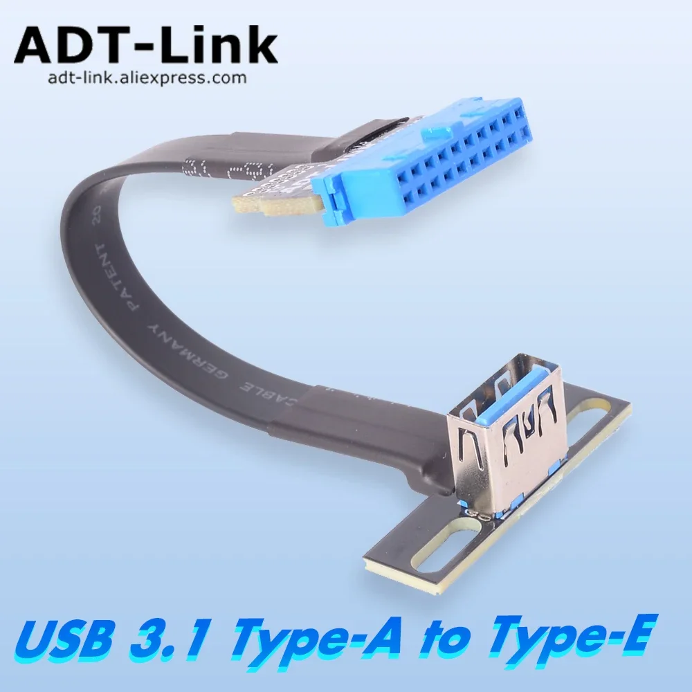 ADT USB3.0 Cable Type a Female to Built-in Blue 19Pin/20Pin Male Extension Angled with Screw Hole Front Rear