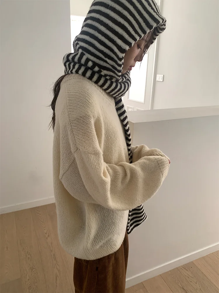 قبعة وشاح دافئة متكاملة لتدفئة الرقبة للنساء، مناسبة لركوب الدراجات في الشتاء، بتصميم كوري أنيق مقاوم للرياح