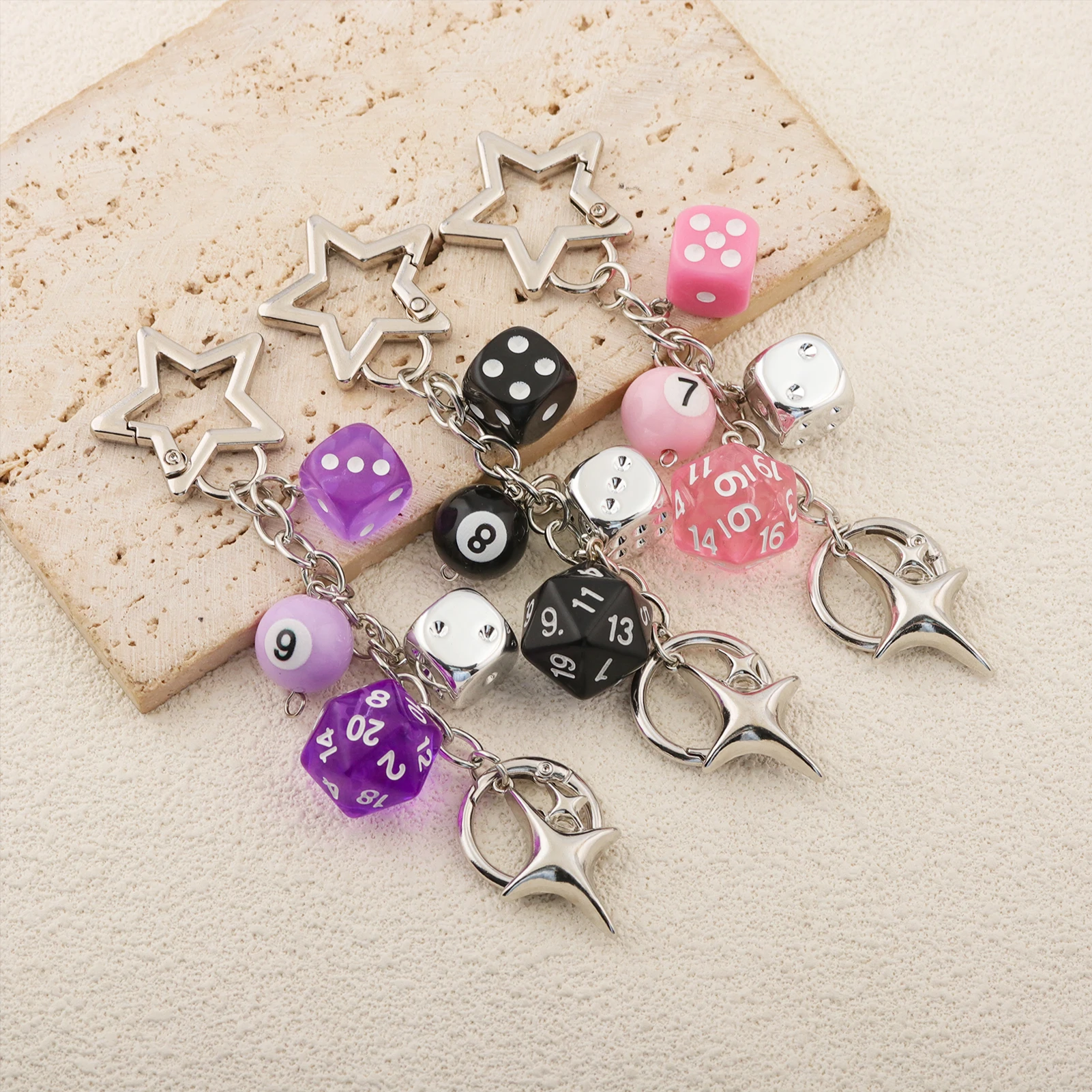 Star Burst Dice Keyring Lucky Y2K Pendant Bag Charm Car Keychain Rock Punk Style Accessory Gift For Women Friends