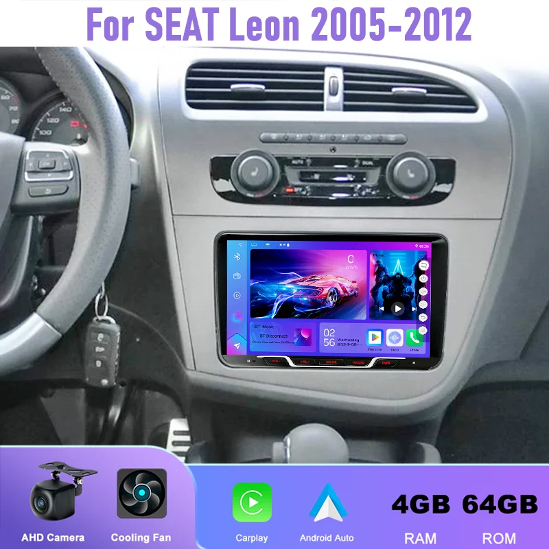 

9" 4+64GB For SEAT Leon 2005-2012 Car Radio Android 15 Auto Support Wireless Apple Carplay 2DIN Rear Camera QLED Screen