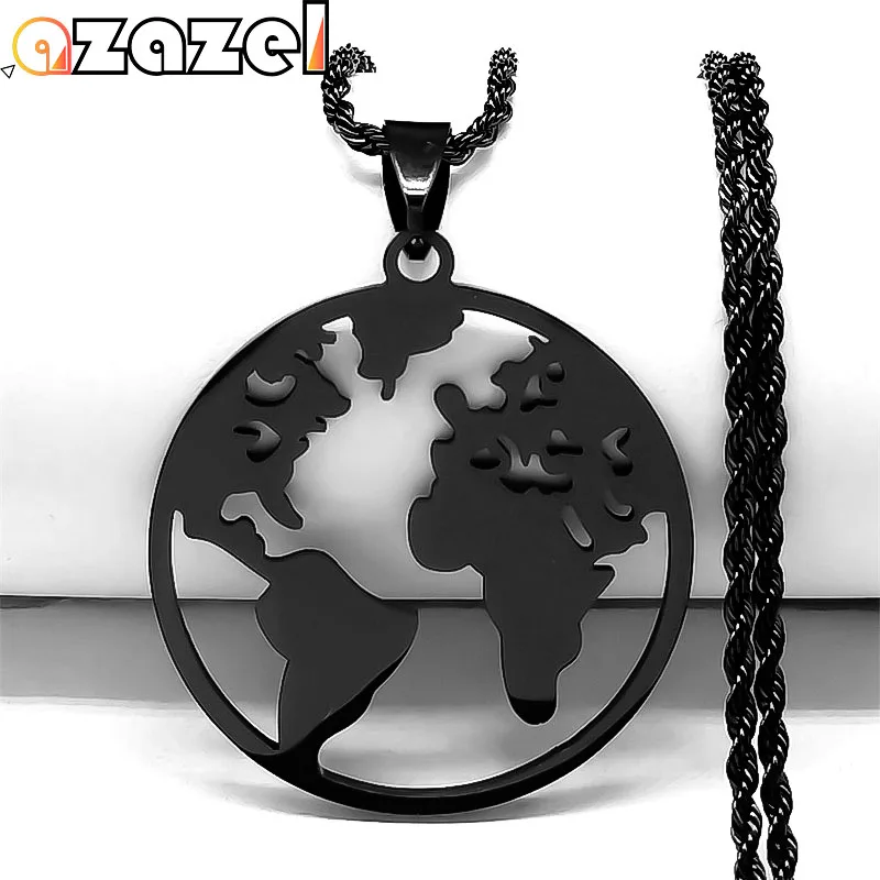 Goth Wanderlust Earth World Map Pendant Necklaces Stainless Steel Black Color Round Necklace Jewelry Earth Day Gifts N1286S08