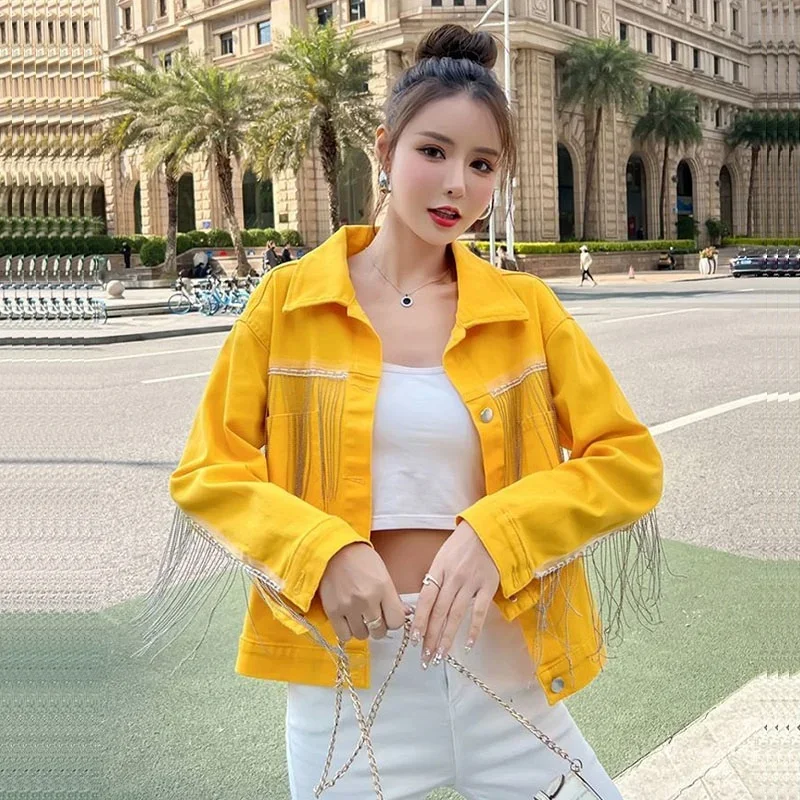 Spring Autumn Fashion Chain Tassel Loose Big Pocket Short Denim Jacket Harajuku Vintage Casual Long Sleeve Female Jeans Jacket