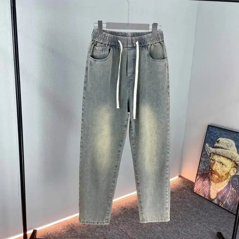 Retro viejo amarillo barro cordón cintura elástica Jeans Cowboys High Street Casual Simple versátil cordón Pantalones rectos