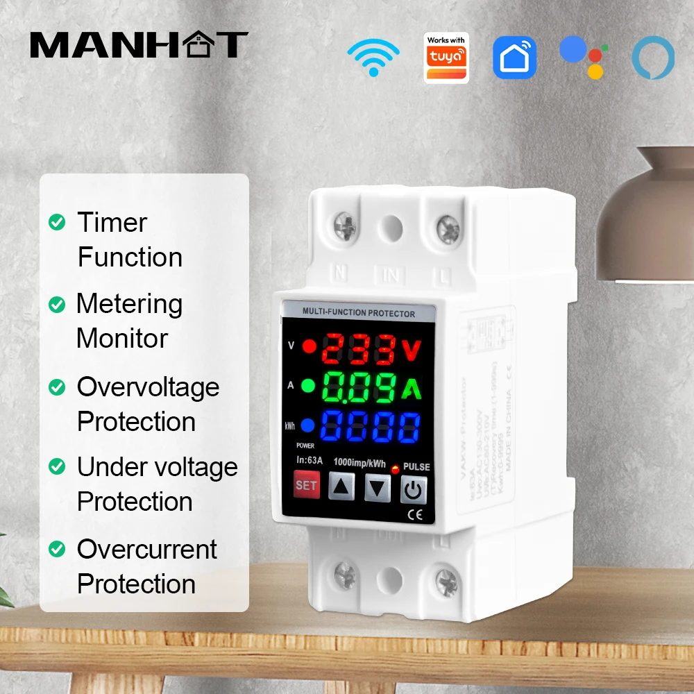 MANHOT 2P 63A Smart WiFi Display Circuit Breaker With Energy Metering Temperature Current Voltage Protector For Smart Life Alexa