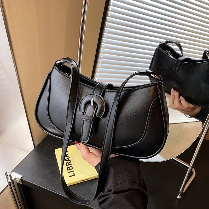 

Black Single Shoulder Bags For Women Solid Color PU Leather 2025 Trend Half Moon Handbags Small Purse Lady Designer Clutch Bag