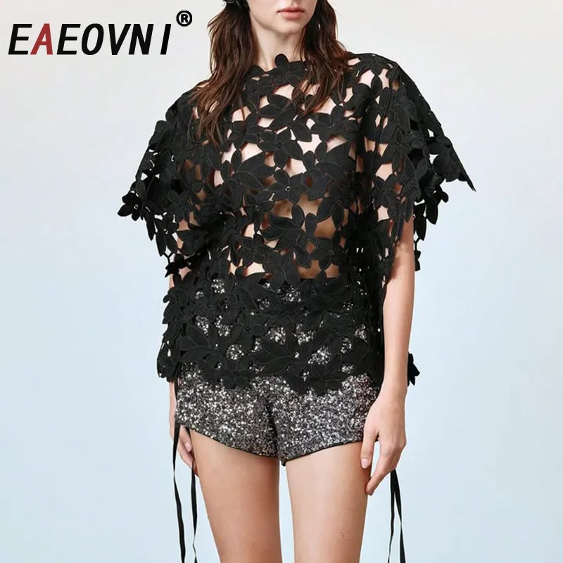 

EAEOVNI Streetwear Hollow Out Design T-shirt For Women Fashion Short Sleeve Black Solid Color Tops Casual 2025 New Clothing