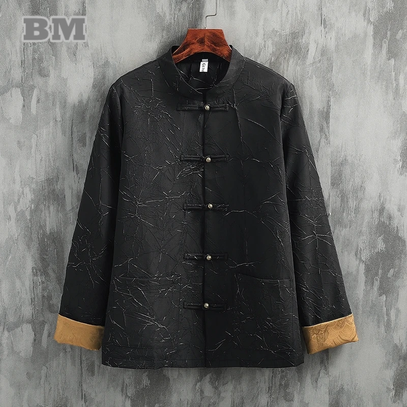 Chinese Traditional Dress Embossed Jacquard Vintage Jacket Man Plus Size Black Casual Coat National Style Tops Men Clothing