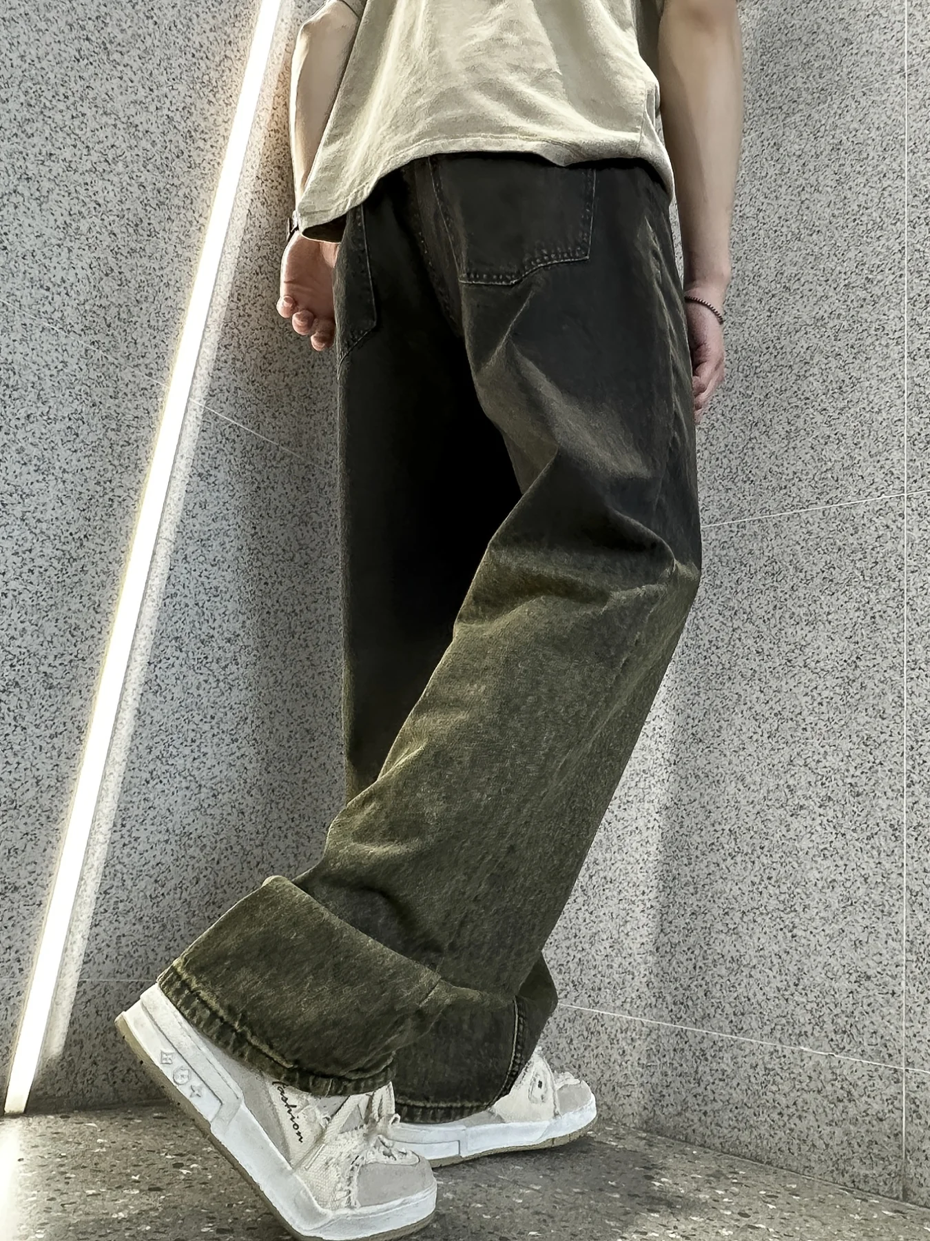 Men's Casual Street Style Gradient Color Dark Green Wide Leg Jeans Denim Pants For Spring Summer